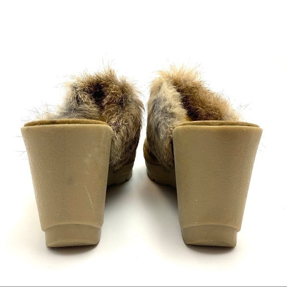 COACH Kaela Rabbit Fur Platform Tan Wedge Mule Clog Heels Italy Women's 11B - Picture 6 of 9